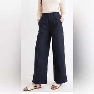 MADEWELL Petite Cotton-Linen Pleated Wide-Leg Pants Navy Size P12 NWT $98 NE117